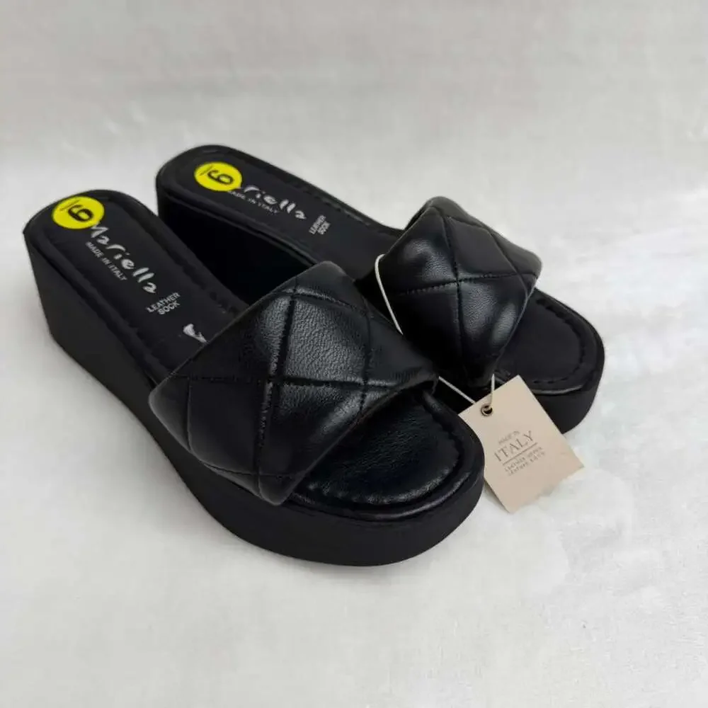 Mariella Women's Wedge Heel Platform Quilted Leather Slide Sandals Black Sz 9